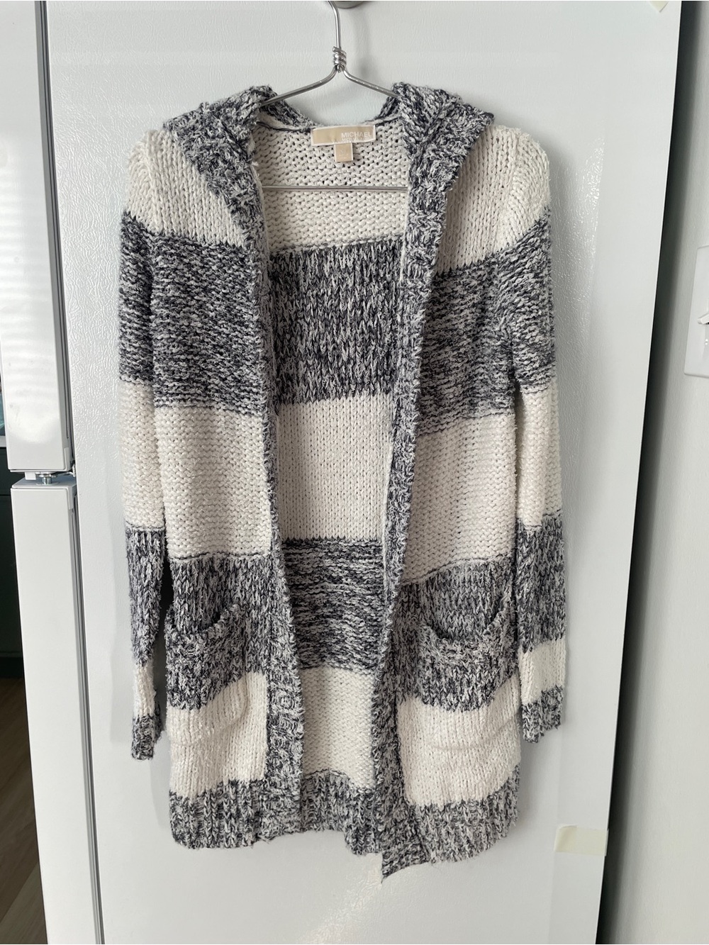 Michael Kors Hooded Open-Front Striped Cardigan - White & Gray